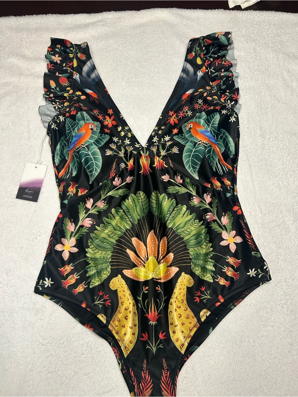 Averie Black Tropical Floral One-Piece Swimsuit with Ruffle Straps
